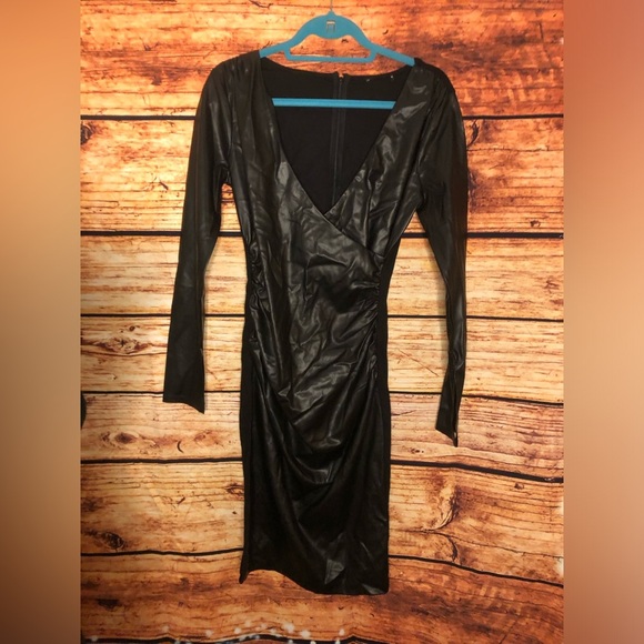 Faux-Leather Surplice Dress - Picture 2 of 16